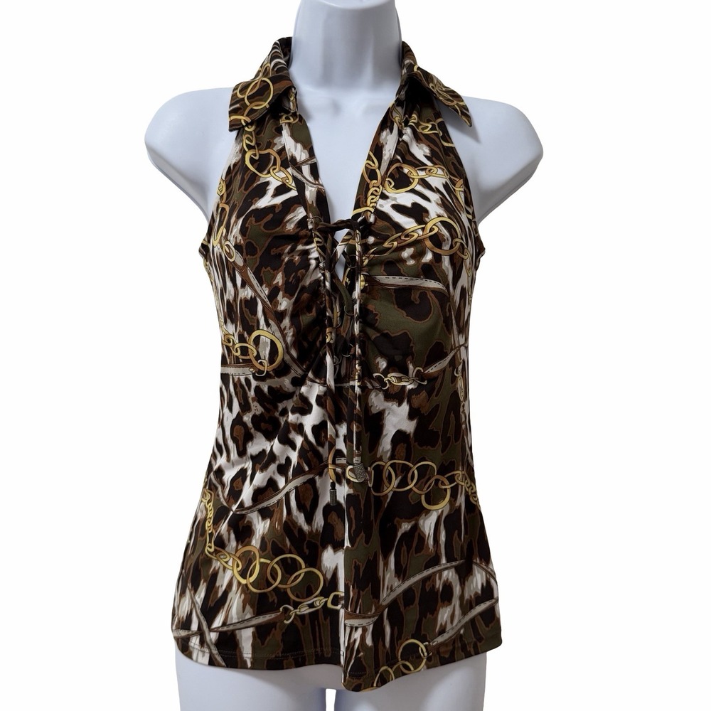 Cache Womens Y2K Chain Link Lace Up Tank Top Size S‎ Brown Stretch Mob Wife